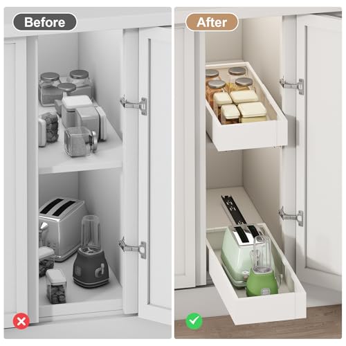 Fokyfok 2Pc Pull out Cabinet Organizer,7"-11"W,17"-24"D,Expandable | No Drill,Adjustable,Roll out Drawers,Adhesive Sliding Drawers,Slide out Shelves for Cabinets Without Lip,Kitchen,Pantry,White - size: (7"W-11"W)X(17"D-24"D)