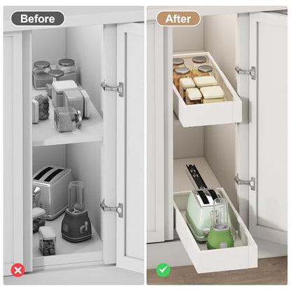 Fokyfok 2Pc Pull out Cabinet Organizer,7"-11"W,17"-24"D,Expandable | No Drill,Adjustable,Roll out Drawers,Adhesive Sliding Drawers,Slide out Shelves for Cabinets Without Lip,Kitchen,Pantry,White - size: (7"W-11"W)X(17"D-24"D)