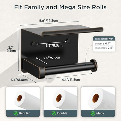 FORIOUS Toilet Paper Holder with Shelf, Adhesive or Screw,Oil Rubbed Bronze | Wall Mount Toilet Paper Roll Holder for Bathroom, Stainless Steel Commercial Toilet Tissue Roll Dispenser with Phone Shelf - color: Oil Rubbed Bronze