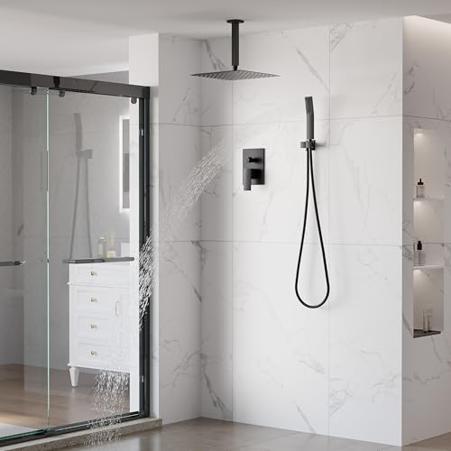 WELLFOR 12-In Ceiling Mount Shower System with Single Handle, Pressure-balanced Valve Included, Waterfall Dual Head Shower Head System, Rain Shower System, Shower Faucet Trim Kits, Matte Black - color: Matte Black, style: Ceiling Mount 12-Inch