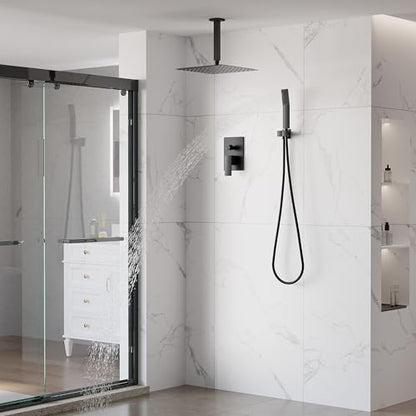 WELLFOR 12-In Ceiling Mount Shower System with Single Handle, Pressure-balanced Valve Included, Waterfall Dual Head Shower Head System, Rain Shower System, Shower Faucet Trim Kits, Matte Black - color: Matte Black, style: Ceiling Mount 12-Inch