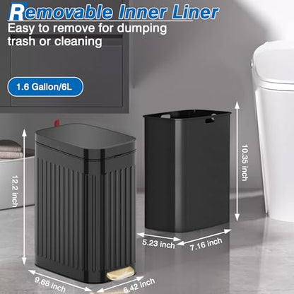 Small Bathroom Trash Can with Air Freshener Soft Close Lid, 6 Liter/ 1.6 Gallon Stainless Steel Garbage Can with Removable Inner Bucket, Step Pedal, Slim Wastebasket for Bedroom, Toilet, Office,Black - color: Black/1.6 Gal
