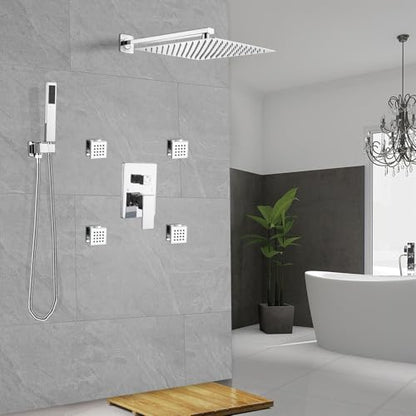 Shower Faucet Set with Body Jets 10 Inch Polished Chrome Shower Head Handheld Shower Combo Set High Pressure Wall Mount with Rough-in Valve, Polished Chrome - color: Polished Chrome, style: 10"- 3 Function