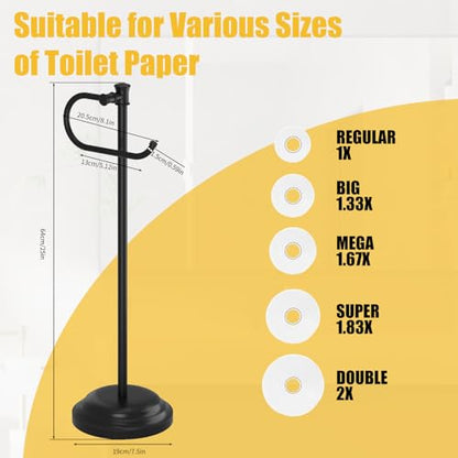 Toilet Paper Holder Floor Stand, Bathroom Freestanding Black | Toilet Tissue Roll Holder, Free Standing Rack with Storage, Weighted Base Accessories, SUS304 Stainless Steel Rustproof - color: Black