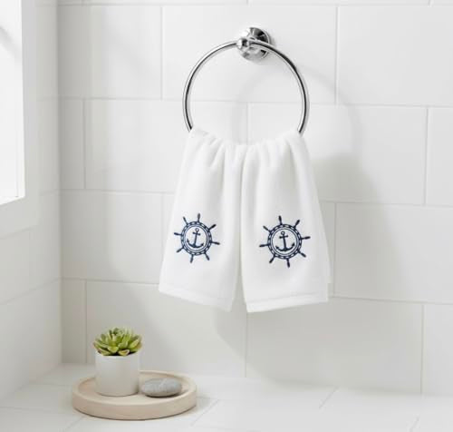 Serafina Home Summer Soft Absorbent Bathroom Coastal Guest Embroidered Fingertip Towels: Nautical Captain's Wheel Design, 2 Piece 12" x 18" Inches - color: Captains Wheel