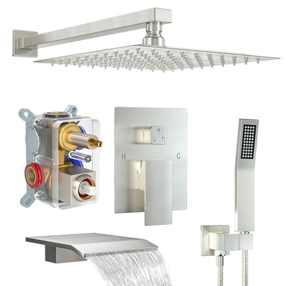 Shower System with 12-Inch Rain Head and Tub Spout | All-Metal Tub Shower Faucet Set, Wall Mounted Rain Showerhead, Handheld Spray, Includes Valve and Trim Kit, Brushed Nickel - color: Brushed Nickel, style: 12"-With Tub Spout