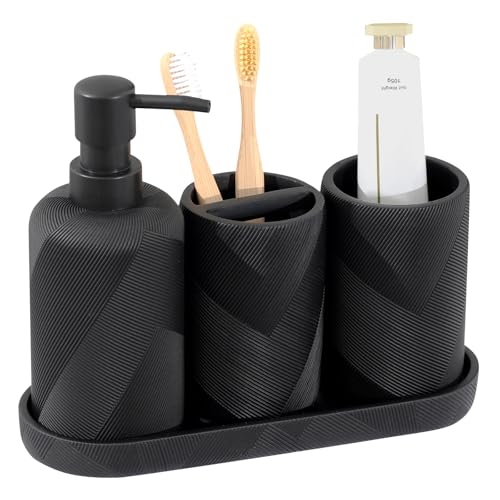 Bathroom Accessories Set, Bathroom Organizer Countertop, Matte Black, 4 PCS | Modern,Simple,Stripe, With 10OZ Soap Dispenser, Toothbrush Holder, Mouthwash Cup, Vanity Tray for Bathroom Home Hotel Office - color: Black1-4pcs
