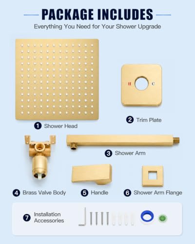 Heyalan 12 Inch Square Rain Shower Faucet Set with Valve, Brushed Gold | Female-thread 1/2-inch NPT connections, SUS304 shower head, brass rough-in valve, single-handle control Shower Set - color: Gold, size: 12 Inch Square Shower Head