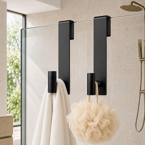 Over Glass Shower Towel Hooks, Shower Door Hooks, Black, 2 Pack | Stainless Steel, Heavy Duty, Easy Installation, Slim Design, Soft Padding, Shower Towel Hooks For Glass Shower Door