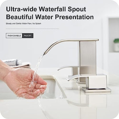 GAGALIFE 8 Inch Waterfall Bathroom Faucets 3 Hole - Brushed Nickel Widespread Bathroom Faucet with Pop-up Drain, Two Handles Bathroom Sink Faucet, Modern Vanity Sink faucets with Supply Lines - color: Brushed Nickel, style: With Drain