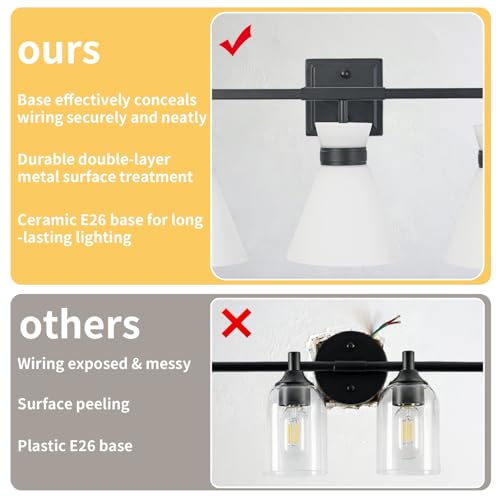 Matte Black Bathroom Vanity Lights, 3-Light Bathroom Light fixtures Over Mirror, Modern Vanity Lighting Fixtures with Frosted Glass Shades E26 Base,Wall Mount Scones for Mirror (Bulbs Not Included) - color: Black