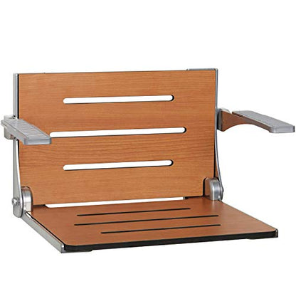 Seachrome Silhouette Comfort Folding Wall Mount Shower Bench Seat with Arms, Teak Seat with Silver Frame - color: Teak Seat With Silver Frame and Silver Arm Pads
