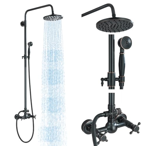 Rain Shower System Oil Rubbed Bronze Outdoor Shower Faucet Set with 8 Inch Rainfall Shower Head Handheld Spray 2 Cross Handles Wall Mounted Bathroom Shower Fixtures Solid Brass - color: Oil Rubbed Bronze, style: Two Modes