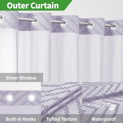 eachope No Hook Boho Farmhouse Shower Curtain with Snap-in Fabric Liner set-71Wx74H(72H),Tufted Chevron Striped Hotel Grade Cloth Shower Curtains for Bathroom with Window,Water Repellent,Lavender - color: Lavender, size: 71"W x 74"L (Pack of 1)