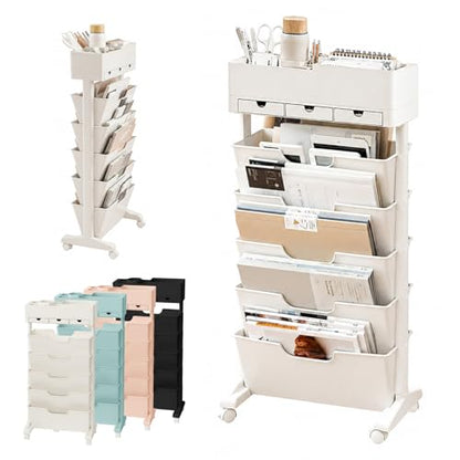 5 Tier Rolling Book Cart Multi-Functional Movable Storage Bookshelves | rolling bookshelf,Movable Storage Bookshelves with Lockable Wheels for Study Office Library Classroom, - color: Whtie