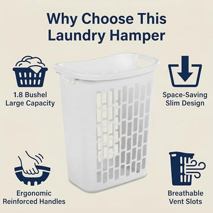 3-Pack 1.8 Bushel Slim Plastic Laundry Hamper W/Reinforced Handles, White | Durable plastic build Open top design for quick toss-in & easy access.in bedroom, bathroom & laundry room.