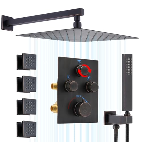 Thermostatic Shower System with Body Jets, Wall Mounted 12 Inch Rain Shower Head with Handheld Spray and 4 Body Jets Set, Push Button Thermostatic Shower Brass Valve, Oil Rubbed Bronze - color: Oil Rubbed Bronze, style: 12inch+4 body jets