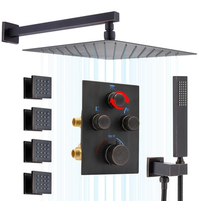 Thermostatic Shower System with Body Jets, Wall Mounted 12 Inch Rain Shower Head with Handheld Spray and 4 Body Jets Set, Push Button Thermostatic Shower Brass Valve, Oil Rubbed Bronze - color: Oil Rubbed Bronze, style: 12inch+4 body jets