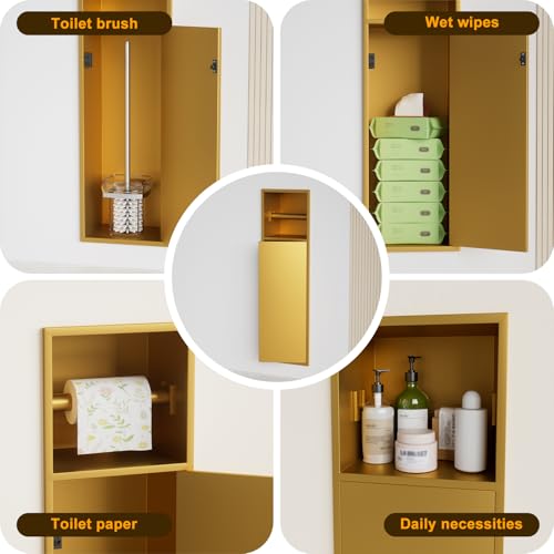 Recessed Toilet Paper Holder, in Wall 25" X 7" Toilet Paper Holder Storage, 304 Stainless Steel Tissue Roll Dispenser, Niche Shelf for Bathroom Space Saving Design, Gold