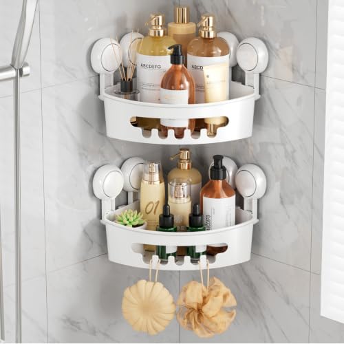 TAILI Suction Corner Shower Caddy, Bathroom Shelf Storage Basket Wall Mounted Organizer for Shampoo, Conditioner, Plastic Rack for Kitchen&Bathroom, Drill-Free Removable (2 Pack) - color: White, size: 2 Mediun