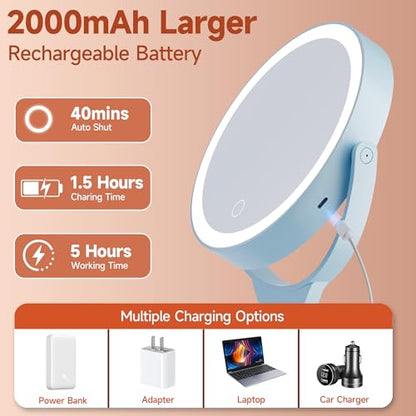 Hasipu Makeup Mirror with Lights 2000mAh Rechargeable Travel Mirror | 1X/10X Magnifying, Phone Stand Design, Rechargeable, 360° Rotatable, 3 Color Dimmable, Tabletop, Handhold, Hanging, Blue - color: Blue