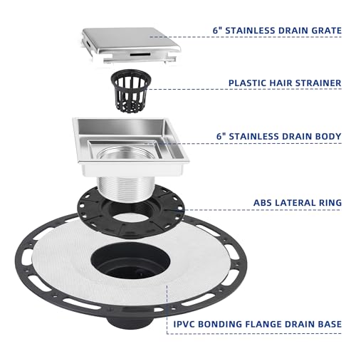 4-Inch Square Shower Drain Kit, Tile Insert Grate & Bonding Flange | Brushed 304 stainless steel tile insert cover with hair strainer; fits 2- and 3-inch pipes for tiled floors and wet areas - size: 4in Tile Insert - Brushed Steel