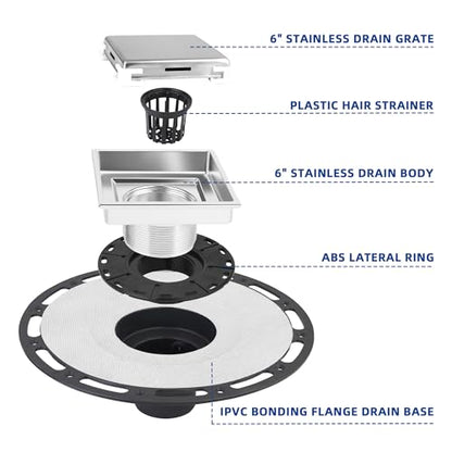 4-Inch Square Shower Drain Kit, Tile Insert Grate & Bonding Flange | Brushed 304 stainless steel tile insert cover with hair strainer; fits 2- and 3-inch pipes for tiled floors and wet areas - size: 4in Tile Insert - Brushed Steel