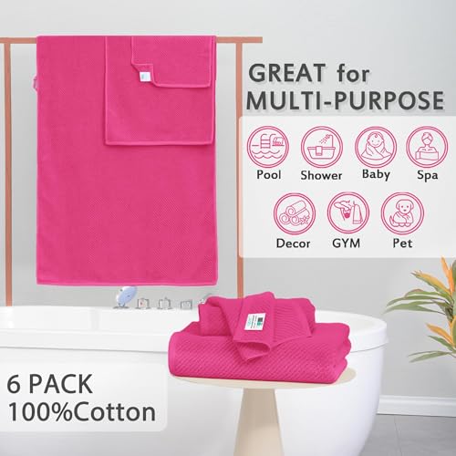 Hot Pink Towels - 100% Cotton, Soft, Quick Dry, Lightweight, Towel Set of 6, 2 Large Bath 30"x56", 2 Thick Hand 18"x28", 2 Absorb Washcloths 13"x13", Pink Bath Towel with Hanging Loop, Luxury Gift Set - color: Hot Pink, size: 6 PC Bathroom Towel Set