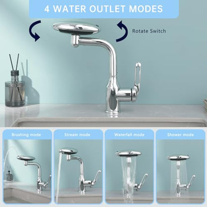 Bathroom Sink Faucet 1 Hole, Chrome Multifunctional Basin Faucet with 4 Water Outlet Modes, Modern 360°Rotatable Bar Tap with Two Water Supply Pipes - color: Chrome