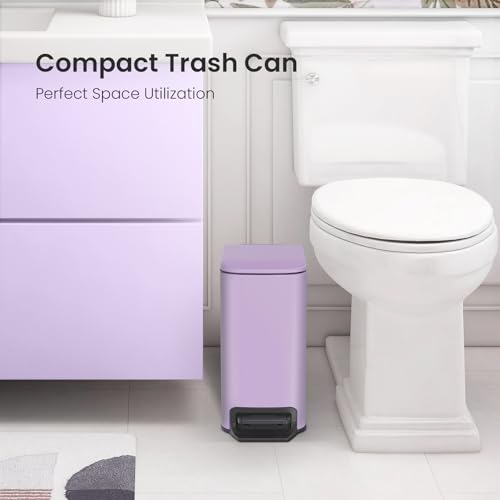 Cesun Small Bathroom Trash Can with Lid, 1.6 Gal, Soft Close, Purple | Step pedal soft close, Slim 5.9in fits narrow spaces, Stainless steel, Anti-fingerprint, Removable inner bucket, Odor seal - color: Purple