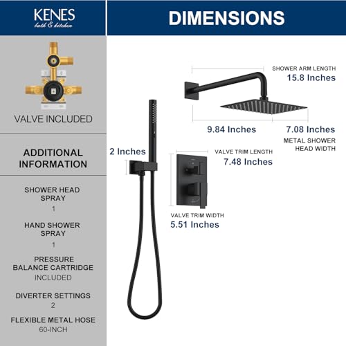 KENES Matte Black Rainfall Bathroom Shower System Rain Shower Head and Handle Set, Shower Faucet Set with 10-Inch Rain Showerhead and Handheld Spray, (Shower Valve Included), LJ-6026A-2 - color: Matte Black, style: Showerhead and Handheld