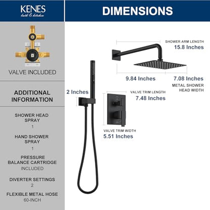 KENES Matte Black Rainfall Bathroom Shower System Rain Shower Head and Handle Set, Shower Faucet Set with 10-Inch Rain Showerhead and Handheld Spray, (Shower Valve Included), LJ-6026A-2 - color: Matte Black, style: Showerhead and Handheld