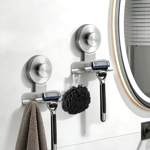 Shower Suction Razor Holder, Stainless Steel No-Drill Bathroom Hook | Reusable, Waterproof & Rustproof, Holds Up to 15 lbs – Fits Razors, Towels, Loofahs, Glass Doors & Tiles,Silver 2-Pack - color: Silver
