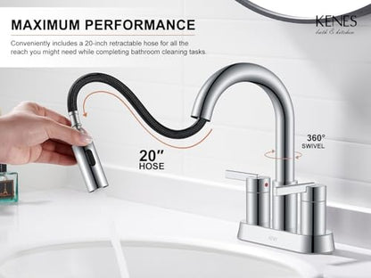 Chrome Centerset 2 Handle Pull Down Bathroom Faucet with Sprayer | Pull Out Bathroom Faucet with Pop Up Drain & Supply Lines, Lead-Free cUPC & NSF Certified, 3 Hole Faucet for Vanity RV Bar - color: Chrome
