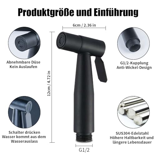 Handheld Bidet Sprayer for Toilet, Stainless Steel Bidet Head for Cloth Diaper, Pet Shower, Personal Hygiene Cleaning, G1/2 Hose Connectors (Black) - color: Black Sprayer Head
