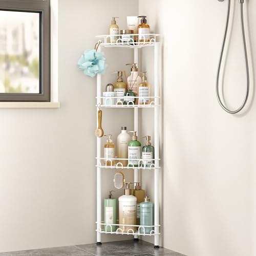 SWTYMIKI Standing Shower Caddy Corner - 4‑Tier Stainless Steel Shower Organizer Shelf with 16 Hooks and Adhesive Pads, Rustproof Corner Shelves Stand Rack for Bathroom Shower Room, white - color: White-4‑Tier