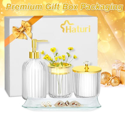 Bathroom Accessories Set, 4Pcs Clear and Gold Glass Bathroom Accessories Sets Complete w/Lotion Soap Dispenser, Toothbrush Holder, Apothecary Jar, Vanity Tray, Bathroom Decor - style: Clear