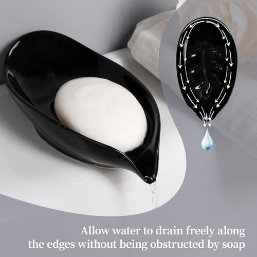 Soap Dish, Self Draining Soap Dishes 2PCS, Leaf Shape Ceramic Bar Soap Holder Drain Soap Dishes for Bathroom Sink Kitchen, Easy to Clean Keeps Soap Dry, Black, ANTIS'S HOME - color: Black-2pcs-enhanced Draining