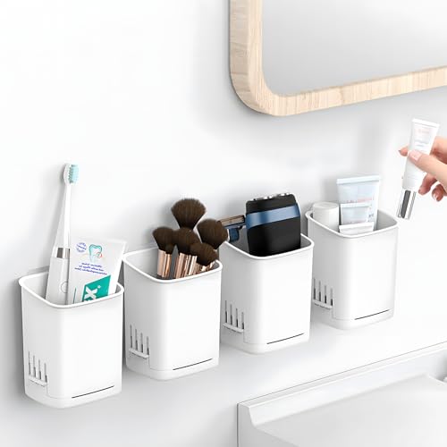 Toothbrush Holder Cup Wall Mounted Drill-Free for Bathroom Shower Electric Toothbrush Toothpaste Razor Holder Removable Waterproof Sturdy Self Draining, Tableware Holder for Kitchen(1pcs&White) - color: White-1pcs