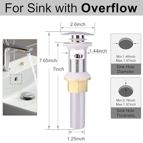 Bathroom Sink Drain with Overflow, Upgrade Big Cap Pop up Sink Drain Stopper with Basket Hair Catcher, Anti-Clog, Sink Drain Strainer Made of Brass and Stainless Steel, Chrome