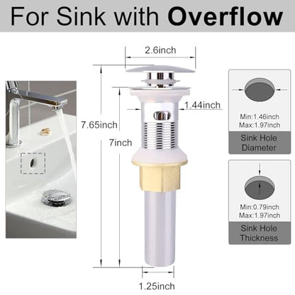 Bathroom Sink Drain with Overflow, Upgrade Big Cap Pop up Sink Drain Stopper with Basket Hair Catcher, Anti-Clog, Sink Drain Strainer Made of Brass and Stainless Steel, Chrome