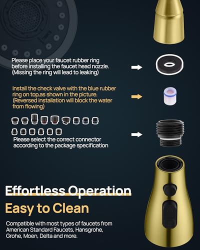 J-HVA Pull Down Kitchen Faucet Sprayer Head Replacement, Brushed Gold | 3 Function Pull Out Sink Sprayer Replacement Nozzle Part, Kitchen Faucet Head Hose Spray Tap Spout, 15 adapters - color: Brushed Gold