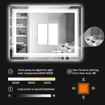 Snowdool 30 x 36 in LED Bathroom Mirror, Front and Backlit, Anti-Fog | Front and Backlit, Stepless Dimming, Anti-Fog, Memory Function - size: 30"L x 36"W