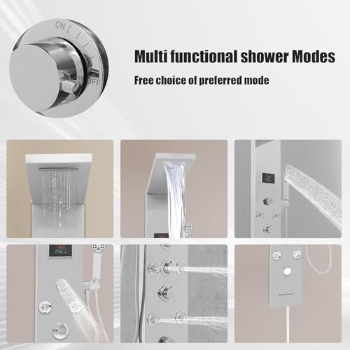 6-in-1 LED Shower Panel Tower System with 8 Adjustable Body Jets, Rainfall & Waterfall Shower, Smart Temperature Display, 59" Hose, Brushed Gold Stainless Steel, Wall Mounted (Silver) - color: Silver