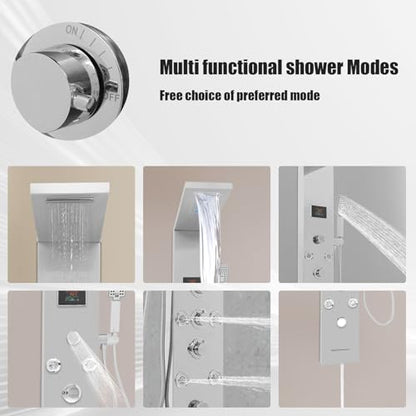 6-in-1 LED Shower Panel Tower System with 8 Adjustable Body Jets, Rainfall & Waterfall Shower, Smart Temperature Display, 59" Hose, Brushed Gold Stainless Steel, Wall Mounted (Silver) - color: Silver
