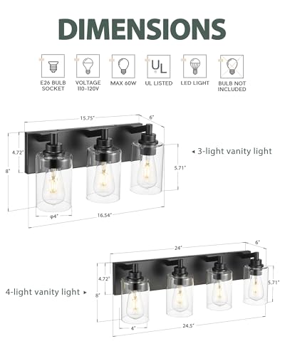 3-Light Bathroom Light Fixtures, Black Vanity Light with Cylinder Clear Glass Shade, Modern Vanity Lighting Fixtures Over Mirror, VL143-MB-3 | 16.5" modern bathroom light fixtures over mirror, E26 base, bulbs not included, VL143-MB-3 - color: Black, Cylin