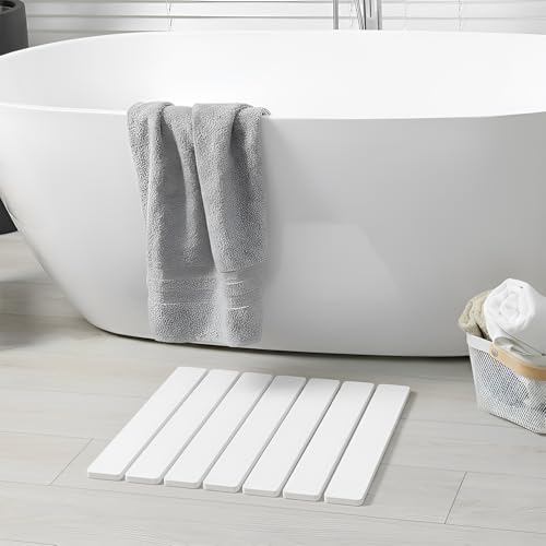 Meowoo Foldable Stone Bath Mat, 15.7"x11.8" Diatomaceous Earth Bath Mat, Non-Slip Quick Dry Bathroom Floor Mats, Super Absorbent, Easy to Clean, Stone Bathroom Floor Mats for Bathtub Front - White - color: Ivory White, size: 15.7"x11.8"