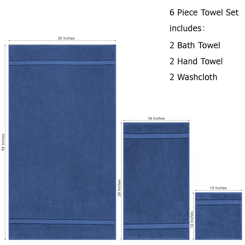 COTTON CRAFT Ultra Soft 6 Piece Towel Set - 100% Cotton Towels - Blue | Absorbent 580 GSM Quick Dry Everyday Premium Luxurious Bathroom Towels - 2 Large Bath Towels, 2 Hand Towels, 2 Washcloths - color: Blue, size: 6 Piece Towel Set