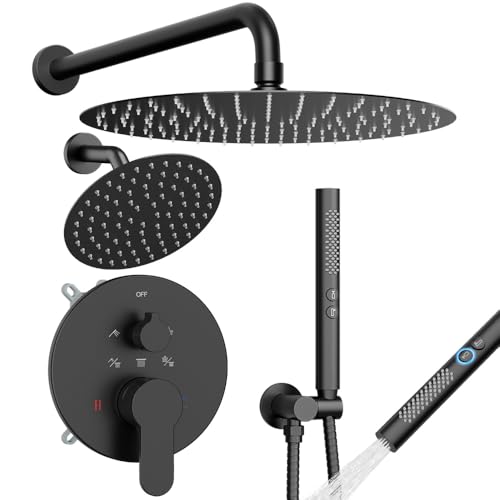 Shower Systems STARBATH 12+6" Round Dual Rainfall Shower Head with Handheld Spray for Two People, Wall Mounted 3 Way Rain Shower Faucet Sets Complete, Included Valve and Trim Kit, Matte Black - color: Matte Black, size: 6+12 inch-05