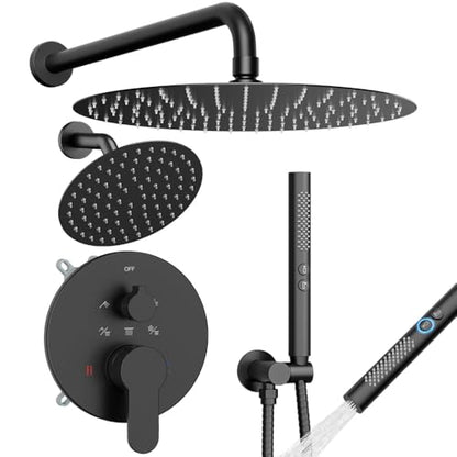 Shower Systems STARBATH 12+6" Round Dual Rainfall Shower Head with Handheld Spray for Two People, Wall Mounted 3 Way Rain Shower Faucet Sets Complete, Included Valve and Trim Kit, Matte Black - color: Matte Black, size: 6+12 inch-05